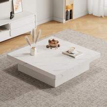 Modern Square White Coffee Table With Marble Effect, 90 X 90 X 25 Cm – Four Drawers, Sliding Top, Maximum Load 30 Kg - White - View 3