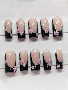 10 miếng dán móng tay hình hoa hồng 3D mini, hình vuông, chiều dài trung bình, kiểu Pháp tối giản màu đen, phong cách Y2K dễ thương, thích hợp sử dụng hàng ngày, móng giả dán, dụng cụ làm móng thủ công. - Nhiều màu - Xem 1