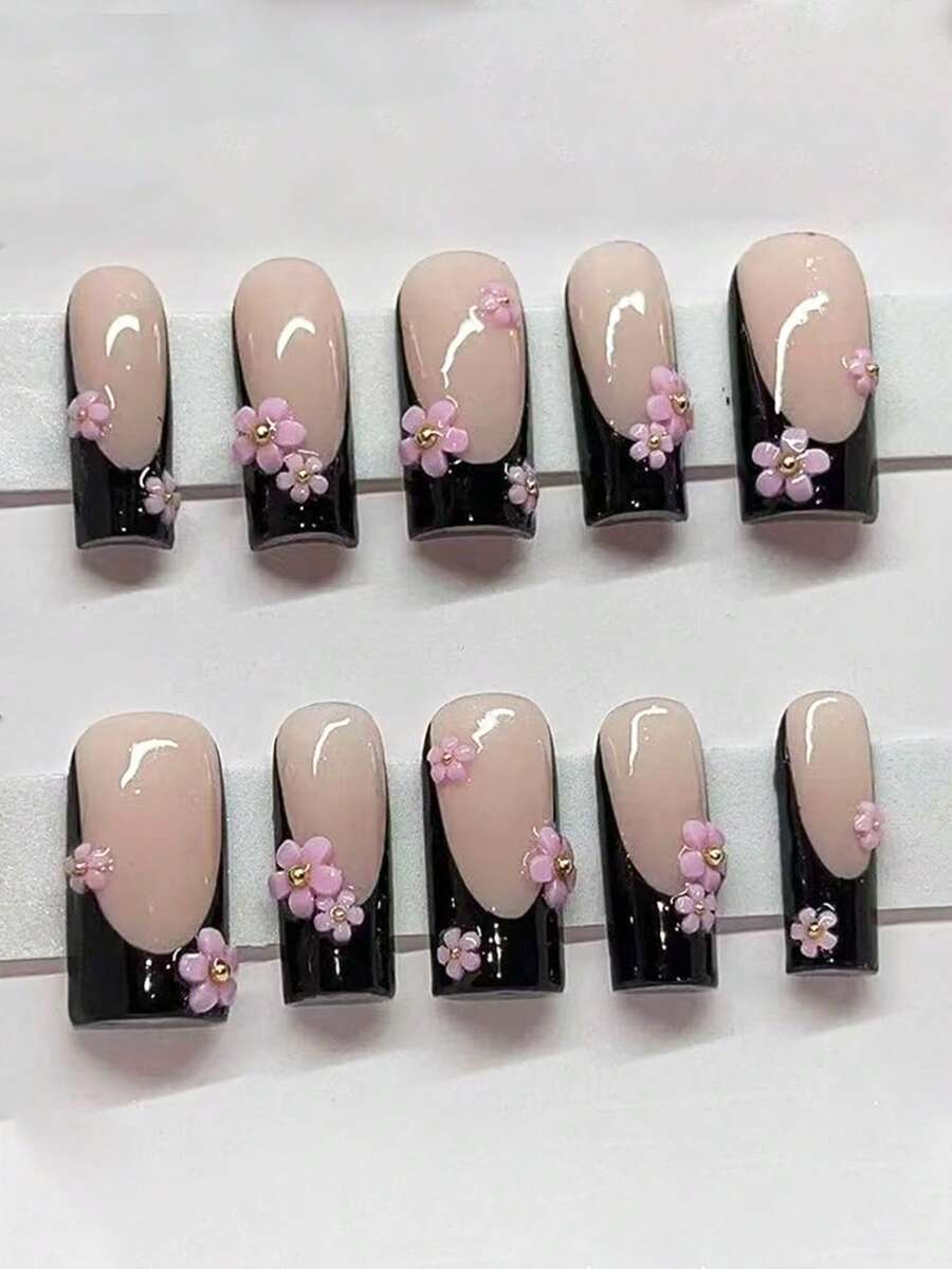 10 miếng dán móng tay hình hoa hồng 3D mini, hình vuông, chiều dài trung bình, kiểu Pháp tối giản màu đen, phong cách Y2K dễ thương, thích hợp sử dụng hàng ngày, móng giả dán, dụng cụ làm móng thủ công. - Nhiều màu - Xem 1