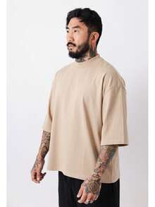 Premium High Neck Over Boxy T-Shirt - Màu be - Xem 3