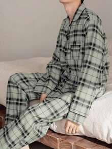 男士轻薄翻领开襟格子印花长袖睡衣套装，休闲简约英伦风家居服，秋冬款 - 彩色 - 查看 5