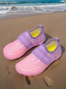 Summer New Kids Shoes, Girls' Pink Water Shoes, Elastic Breathable Mesh Fabric With Fashionable Striped Print, Low-Top Slip-On With Hook And Loop Design, Barefoot Beach Swimming Shoes, Wear-Resistant Rubber Sole For Outdoor Cycling, Indoor Yoga & Skipping Training - Watermelon Pink - View 15