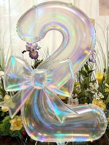 2个100厘米大号彩色透明数字造型铝箔气球，配24英寸彩色蝴蝶结装饰，适用于生日派对、户外活动、周年纪念、节日、宴会庆典、墙面装饰、圣诞节、新年等场合。 - 無色 - 查看 13