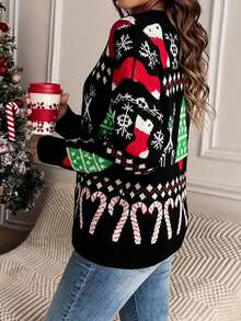 Plus Size Women's Pullover Sweater, European & American Fashion Christmas Element Design, Classic Christmas Tree & Candy Cane Pattern