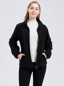 1pc Women's Outdoor Black Long Sleeve Jacket, Warm Fleece Coat, Long Sleeve Outerwear - Black - View 4