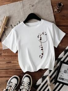 Women'S Cute Panda Print T-Shirt - Soft Knit Fabric, Short Sleeve Crew Neck, Casual & Comfortable Top For Spring & Summer, Red With Black Panda Design, Casual Wear | Playful Design | Comfortable Fit - White - View 1