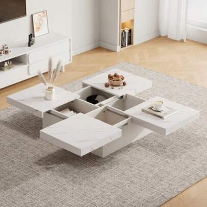 Modern Square White Coffee Table With Marble Effect, 90 X 90 X 25 Cm – Four Drawers, Sliding Top, Maximum Load 30 Kg