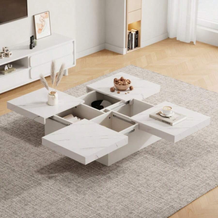 Modern Square White Coffee Table With Marble Effect, 90 X 90 X 25 Cm – Four Drawers, Sliding Top, Maximum Load 30 Kg - White - View 1