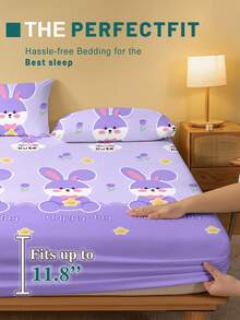 1 pieza Sábana ajustada con estampado de conejo morado lindo y de dibujos animados, Cubierta de cama estampada para dormitorio (Funda de almohada no incluida) - Multicolor - Ver 4