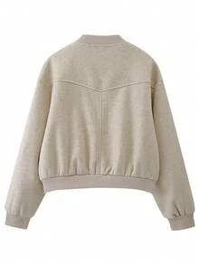 女式宽松米色立领飞行员夹克长袖休闲外套带口袋和前纽扣春秋季外套