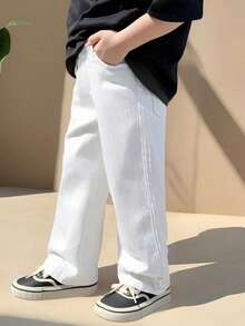 Young Boy Wide Leg Adjustable Elastic Waist Loose Fit Denim Jeans