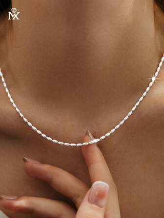 SYMFNY 1条925纯银简约优雅椭圆形珍珠项链，男女日常佩戴皆宜