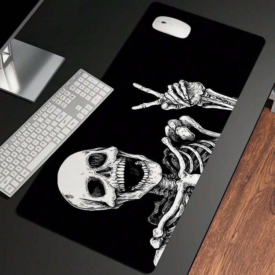 1pc Funny Cute Skeleton Gaming Mouse Pad With Non-Slip Rubber Base, Large Anime Black Goth Style Mouse Mat With Stitched Edges, Long Keyboard Pad For Home And Office - Black and White - View 1