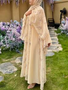 三件套花卉雪纺睡袍套装，优雅时尚睡袍，大码睡袍，带头巾，适合约会、派对和日常穿着。 - 黃色 - 查看 5