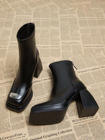 2025秋季新款欧美风女士优雅粗跟高筒靴，方头时尚踝靴，秋冬季必备