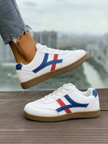 Zapatillas planas blancas de estilo casual con cordones, zapatos de piel, estilo escolar, de fácil puesta, zapatos casuales versátiles, elegante moda casual, adecuados para primavera/otoño, zapatillas para correr - Blanco - Ver 5