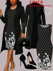 Set de 2 piese pentru femei, mărime plus, sacou cardigan, casual, versatil, culoare solidă, sacou lung + rochie midi elegantă cu imprimeu floral de zi cu zi, toamnă/iarnă - Multicolor - Vizualizare 4