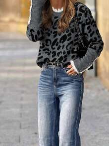 女士休闲秋冬圆领蕾丝拼接豹纹针织衫，袖口纽扣设计，日常通勤百搭套头衫，商务休闲女装，外出上衣，商务休闲，白色蕾丝边毛衣 - 灰色 - 查看 4