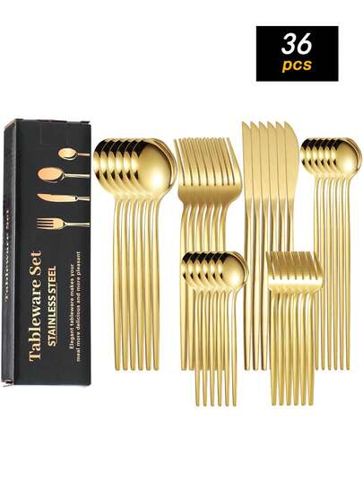 36pcs Stainless Steel Cutlery Set, Elegant Gold-Plated Flatware Set, Reusable Knife, Fork, Spoon, Tea Spoon For Home And Daily Use, Gift Box