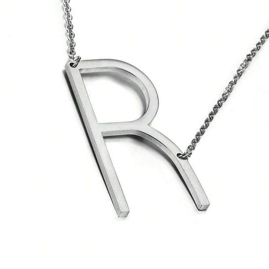 Collar con colgante de letras grandes de acero inoxidable chapado en oro de 18K con inicial en diagonal MOMOL, collar con monograma de nombre para mujeres, R - r - Ver 1