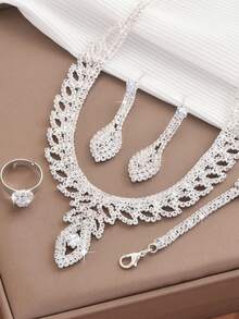 Elegant Silver-Plated Cubic Zirconia Bridal Jewelry Set - Luxury Flower Pattern Necklace, Dangle Earrings, Adjustable Ring, And Bracelet For Weddings And Special Occasions - Silver White - View 3