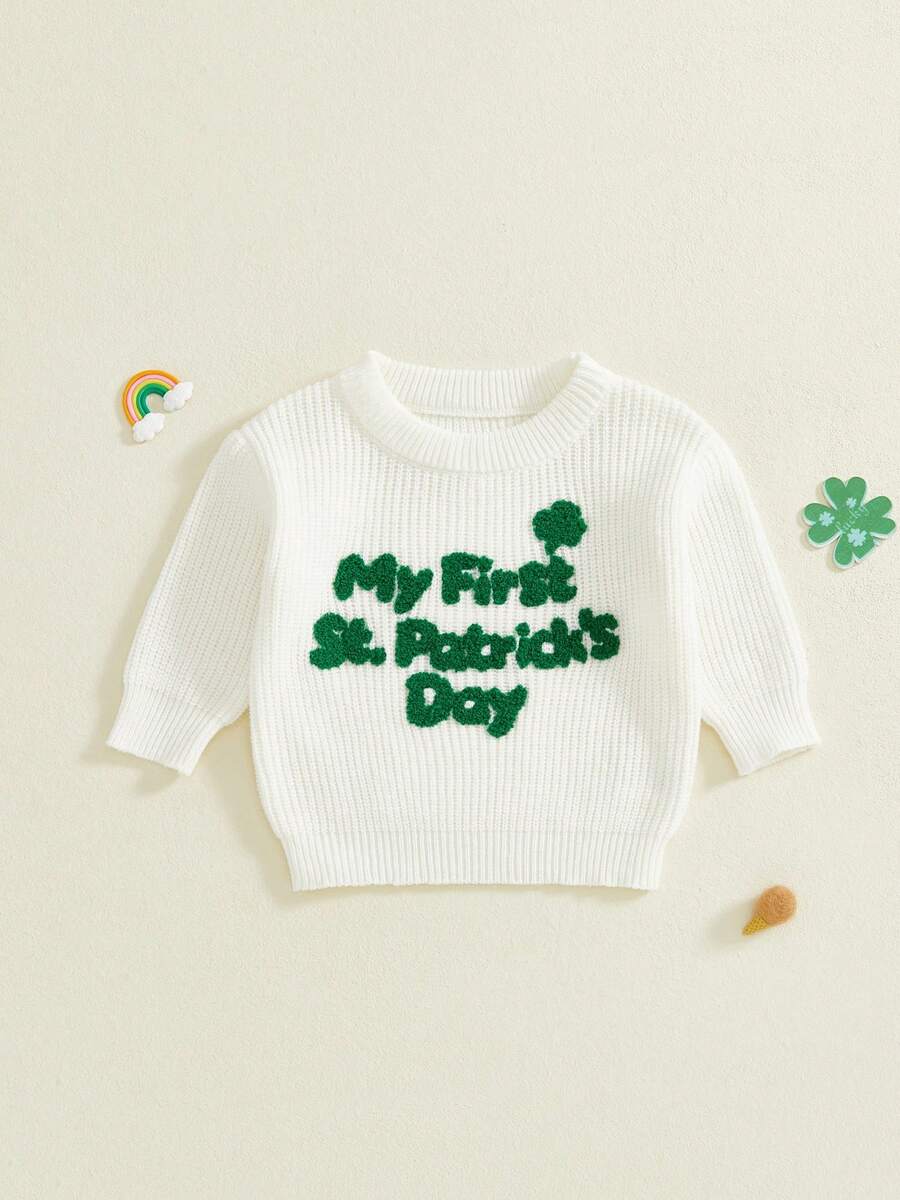 Suéter de punto irlandés para bebé, letras de moda, bordado de trébol, cuello redondo, manga larga. - Blanco - Ver 1