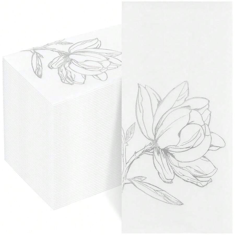 50 Pack Silver Magnolia Napkins - Silver Floral Disposable Napkins - Cloth-Like Feel Dinner Paper - Vintage Heavy Duty Hand Towels For Bathroom Wedding Holiday Party Bridal Decorative Towels,Silver - 銀色 - 查看 1