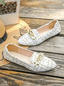 Giày bệt mũi nhọn phối màu cỡ lớn 35-45 dành cho nữ, giày lười đế mềm họa tiết kẻ caro vàng và be thời trang ngoài trời mùa thu mới - Dây khóa vuông Mikinge - Xem 8