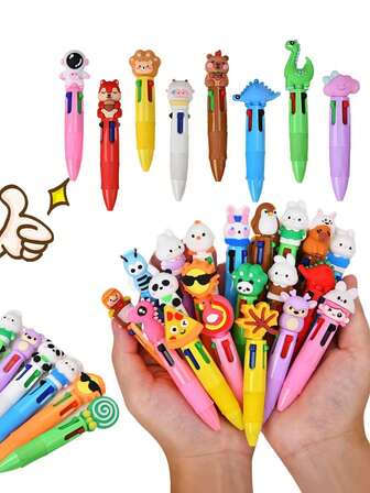 10pcs-Mini Macaron-Colored Four-Pen Gift Set Playful Animal-Shaped Pens Children's Gift Collection Baby Shower Gift Party & Birthday Gift Office & School Supplies Gift Kids' Favorite Gift