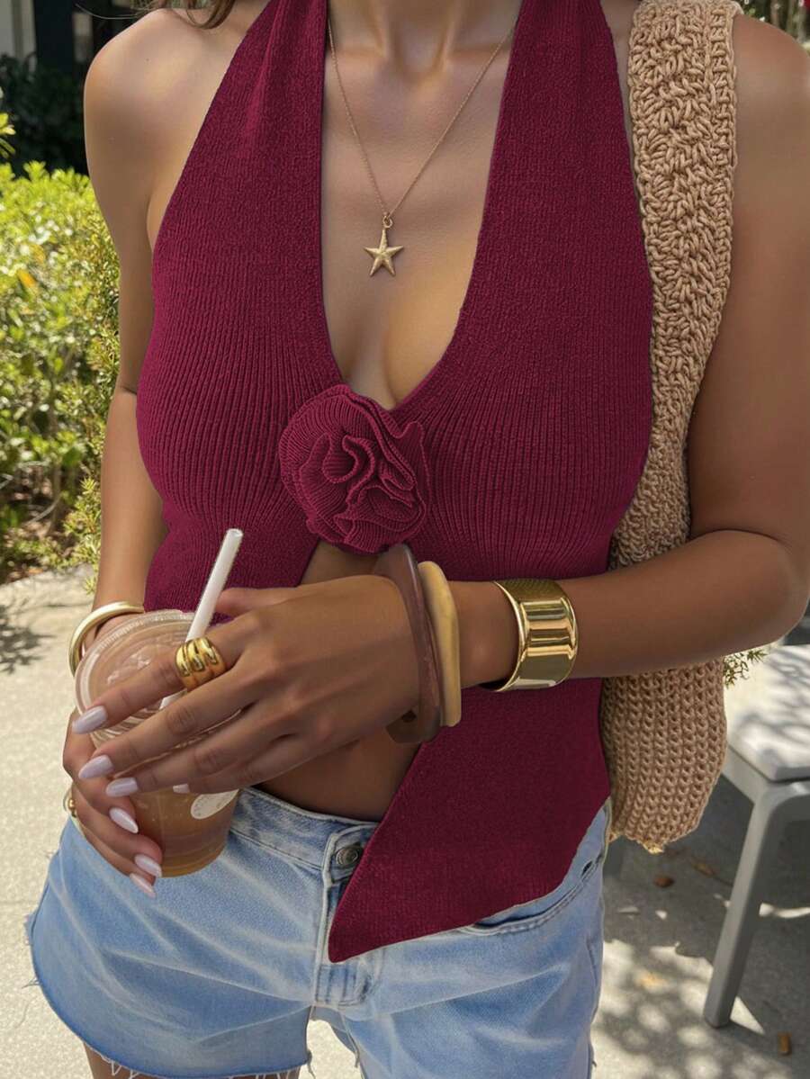 FOR BEAUTY 春夏新款纯色吊带露背针织背心，女士性感休闲优雅音乐节假日轻薄套头毛衣，适合海滩、海边、游泳 - 楓葉紅 - 查看 1