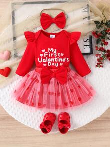 2pcs Baby Girls Cute Red Long Sleeve Bodysuit + Mesh Skirt Set, Spring/Autumn Holiday - Red - View 1