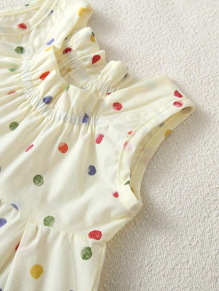 女童休闲彩色波点喇叭连衣裙，简约公主风夏季连衣裙 - 杏色 - 查看 4