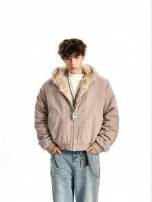 Autumn And Winter Mountain Carved Fur Collar With Thick Velvet Cotton Jacket For Couples - Xám - Xem 1