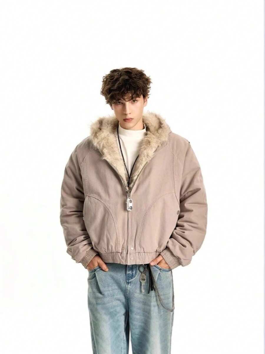 Autumn And Winter Mountain Carved Fur Collar With Thick Velvet Cotton Jacket For Couples - Xám - Xem 1