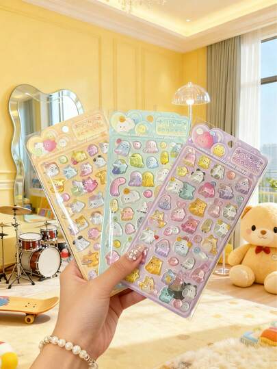 可爱卡通幽灵、怪兽、动物3D立体浮雕贴纸，加大加厚款，防水透明，纯色装饰贴纸
