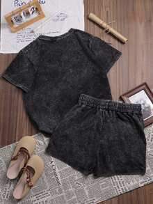 Es Trus 棉质夏季女装趣味“纽约”字母印花街头服饰，韩版复古休闲时尚 Y2K 风格套装，适合户外休闲，常规小众朋克黑色修身圆领短袖 T 恤和短裤两件套 - 黑色 - 查看 2