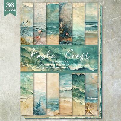 36 Sheets A5 (Vintage Yellowish Ocean Beach Background) Scrapbooking Paper, Suitable For Bullet Journals, Collages, Greeting Cards, Scrapbooks And Crafts
