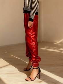 Metallic Cargo Pants With Pocket For Girls Hip Hop Glitter Pants Y2k Dancing Shiny Pants Streetwear Back School - 紅色 - 查看 2