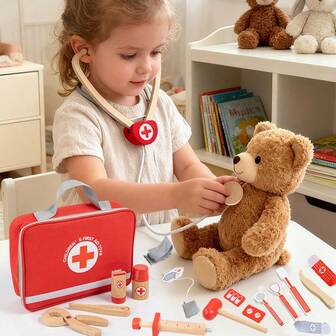 1 Conjunto Brinquedo de Faz-de-conta para Crianças, Kit Médico Realista de Madeira, Jogo de Médico e Enfermeira com Estetoscópio e Termômetro, Brinquedos Educativos de Interpretação de Papéis para Crianças, Jogo Interativo Familiar