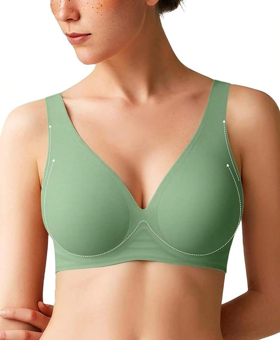 Popilush Wireless Bras Women Seamless No Underwire Push Up Bra Supportive Deep V Bralette Everyday Comfortable T-Shirt Bra - 綠色 - 查看 1