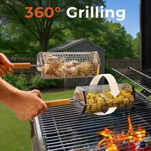 2 Pack Rolling Grill Basket – Stainless Steel Grilling Basket With Lid And Removable Wooden Handle – BBQ Accessories For Vegetables, Shrimp, Meat – Outdoor CooFKing Gift For Dad Or Husband – ,Gray - xám - Xem 3