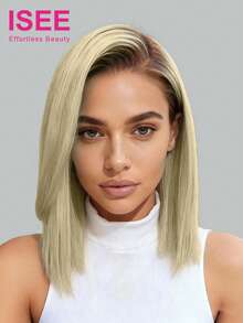 ISEE Hair Straight Light Brown Root Ash Blonde Ombre Hair Pre-Cut 6*4 Transparent Lace Wear Go Glueless Wig Pre-Cut Closure Lace & Pre-Plucked Hairline 10-14 Bob Inch 180% Density Real Human Hair Lace Front Wig - S5/613/24 - View 1
