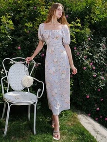 Women's Floral Print Elegant Front Drawstring Dress - Multicolor - View 4