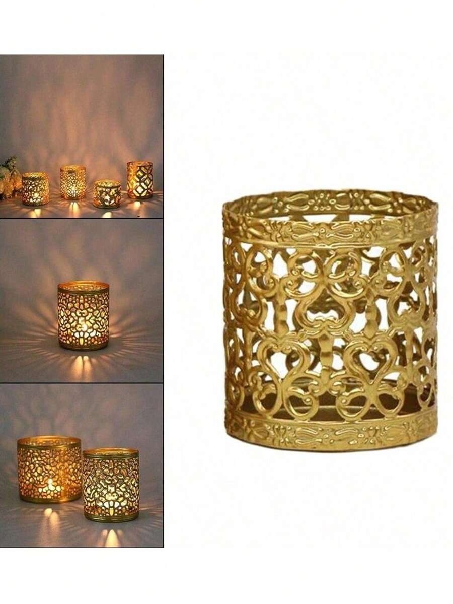 1pc Golden Geometric Hollow Candlestick, Wrought Iron Candlestick, Creative Aromatherapy Candle Cup, Home Decoration Ornament, Candlestick Decoration, Stars And Moon, Golden Color, Tray, Atmosphere Candlestick, Valentine's Day Gift, Home Decoration Ornament
