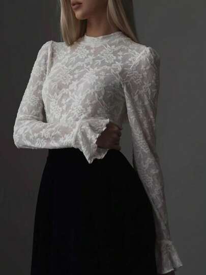 Elegant Jacquard Lace Trim Round Neck Long Sleeve Blouse White