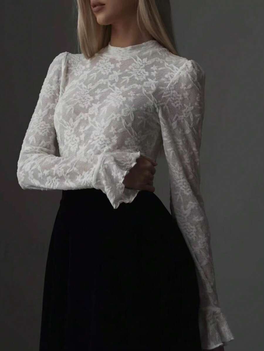 Áo kiểu tay dài cổ tròn viền ren Jacquard thanh lịch màu trắng - trắng - Xem 1