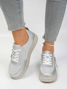 1 Pair Women's New Fashion Casual Sports Shoes, Solid Color Sports PU Leather Lace-Up Zipper Decor, New Fashion Women Casual Sports Shoes For Home, Holiday, Office, All Seasons