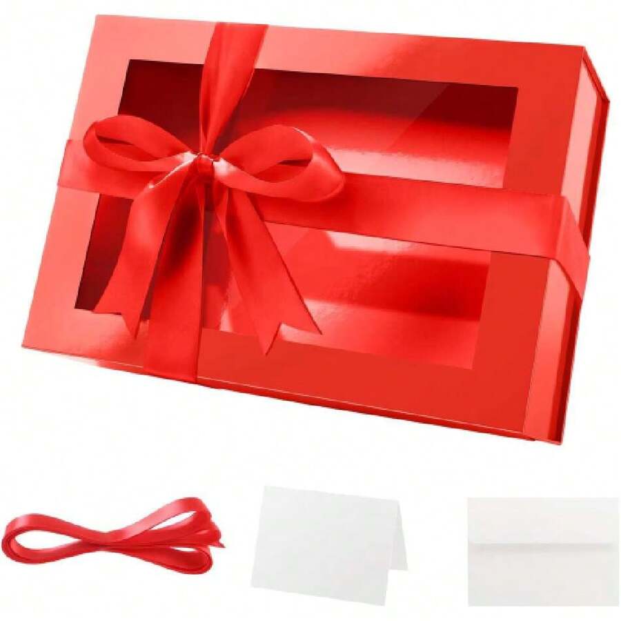 Large Red Christmas Gift Box With Window, 13.5x9x4.1 Inches Clear Mothers Day Gift Box For Present Contains Ribbon, Card, Bridesmaid Proposal Box Witagnetic Lid (Glossy Red),30187504 - 紅色 - 查看 1
