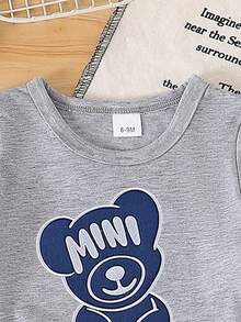 2pcs Baby Boy/Girl Casual Bear Graphic Print Short Sleeve T-Shirt And Denim Effect Print Pants Set, Comfortable & Lightweight For Summer - Grey - View 10