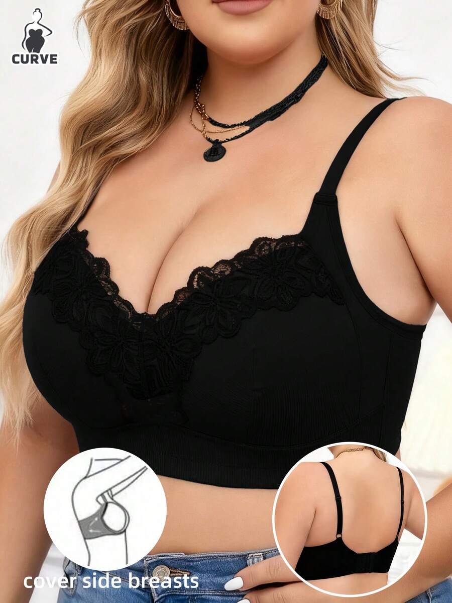 Women's Plus Size Wireless High-Support Lace Bra Adjustable Straps Design, Comfortable Bra With Lift And Support To Prevent Sagging